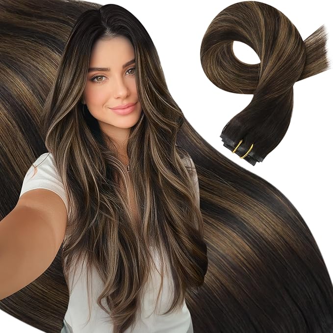 Moresoo Seamless Clip ins Human Hair Dark Brown to Chestnut Brown Balayage Clip in Extensions Real Human Hair Seamless Pu Weft Long for Women Thick 135g/7pcs 18inch