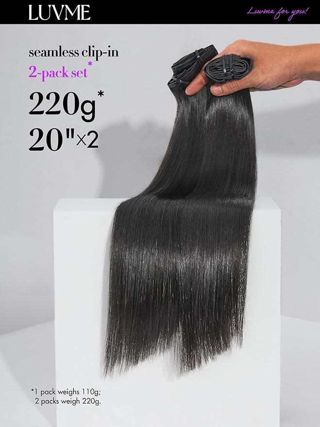 LUVME Silky Straight Seamless 2 Pack 220g 14Pcs Clip in Hair Extensions Full Max with 16inch Remy Human Hair Extensions, Natural Black 100% Real Soft Hair