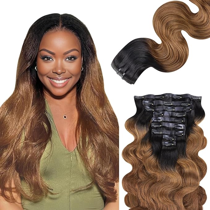 Lashey Seamless Clip in Hair Extensions Human Hair 130g 9pcs 16 Inch Body Wave Ombre Natural Black to Medium Auburn Clip in Hair Extensions for Women Real Human Hair