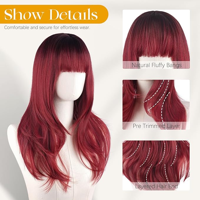SOFEIYAN Red Wig with Bang 24 Inch Long Straight Ombre Layered Wig Synthetic Natural Hair Bordeaux red Wig Soft Heat Resistant Long Wigs for Women Daily Party Use