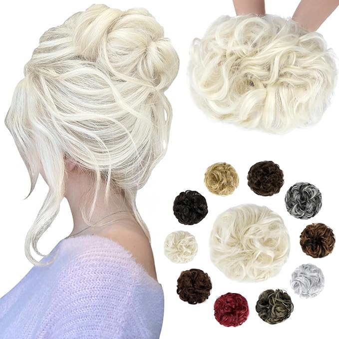 Messy Bun Hair Piece Wavy Curly Scrunchies Fluffy Donut Thick Updo Elegant Chignon Hairpieces for Women Girls, Platinum Blonde 1.4oz