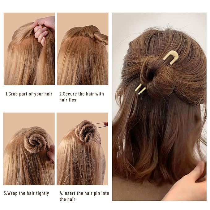 6Pcs Metal French Hair Pins for Women U Shape Sticks 3.9 Inch Vintage Fork for Hairstyle Accessories(Gold/Silver)