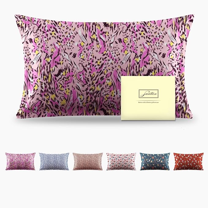Mulberry Silk Pillowcase for Hair and Skin Queen Size Leopard Print Silk Pillow Cases with Zipper Soft Breathable Smooth Cooling Silk Pillow Covers for Sleeping (Pink Paint,20"X 30",1Pcs)