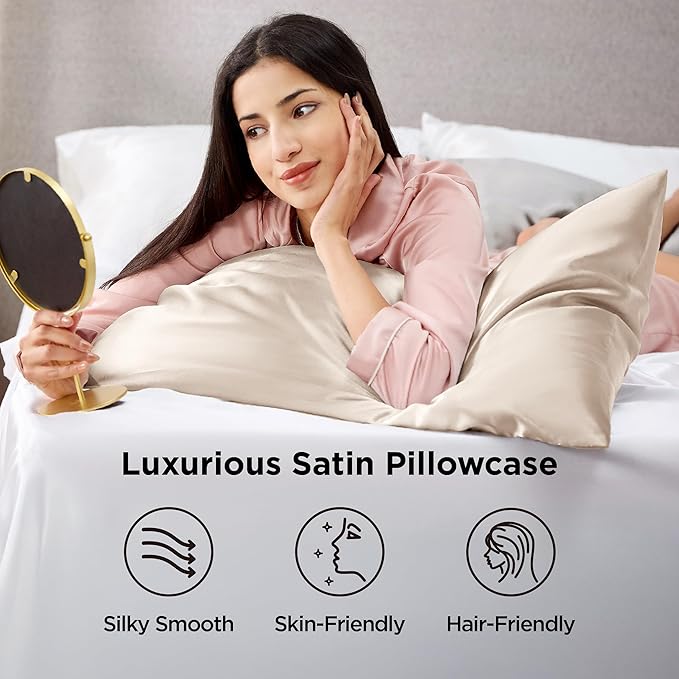 Bedsure King Size Satin Pillowcase Set of 2 - Beige Silky Pillow Cases for Hair and Skin with Envelope Closure, Similar to Silk Pillow Cases, Gifts for Women Men, 20x36 Inches, 2pcs