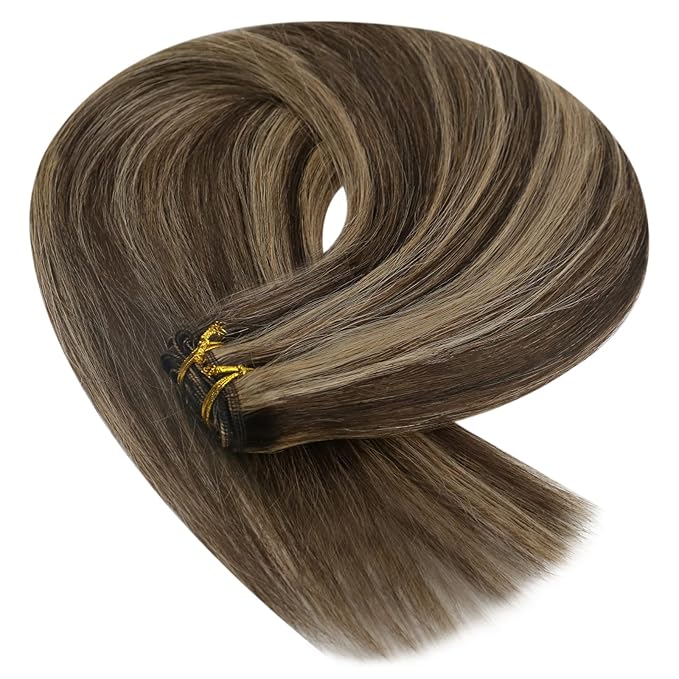 YoungSee Weft Hair Extensions Human Hair Brown Blonde Sew in Hair Extensions Dark Brown Mix Caramel Blonde Highlights Human Hair Weft Extensions for Full Head 20Inch 100G