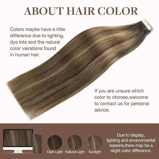 GOO GOO Tape in Hair Extensions Human Hair, 4D/14/5B Brunette Balayage, 24inch 50g 20pcs, Skin Weft Seamless Invisible, Silky Straight with Thick Ends, Remy Human Hair