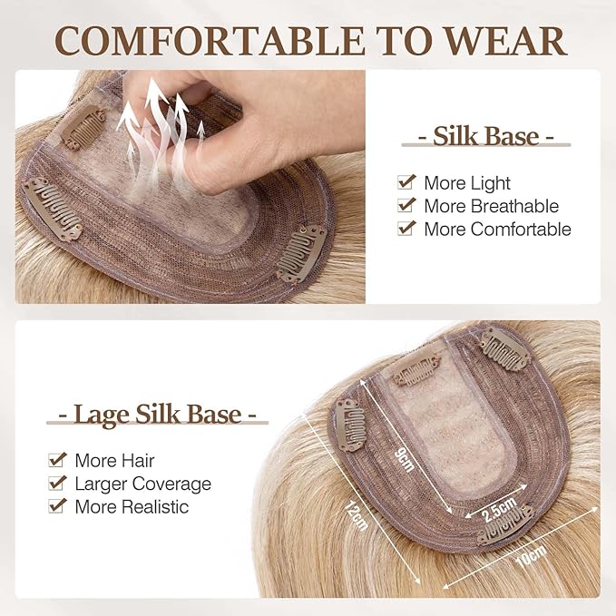 Rich Choices Hair Toppers for Women Real Human Hair 100% Human Remy Toppers NO Bangs with Thinning on Top Clip in Hairpiece 4"x4.7"Lace Base 6 Inch #12P613 Golden Brown Highlights Bleach Blonde