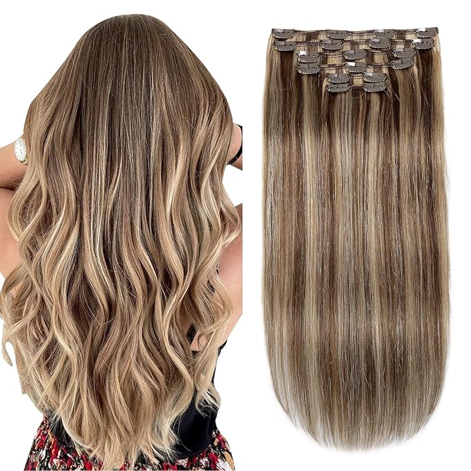 XDhair Clip In Hair Extensions Human Hair 22 Inch Medium Brown #4 Mixed to Caramel Blonde #27 Clip In Extensions Real Human Hair Thick Ends Straight 120g 6pcs (#4/27,22Inch)