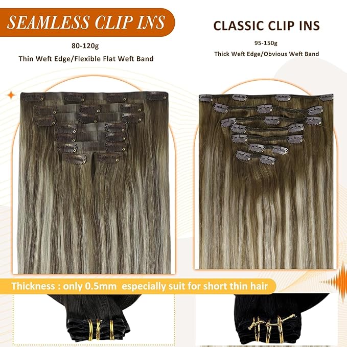 Full Shine Short Hair Extension Clip ins Brown Ombre Hair Clip in Extensions with PU Weft Ash Brown Balayage Blonde Remy Hair for Women 12 Inch 8 PCS 95 G