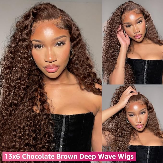 13x6 Lace Front Wigs Human Hair 200 Density Chocolate Brown Deep Wave HD Lace Front Wigs Human Hair Pre Plucked Brown Curly Wig Human Glueless Wigs for Women (24 Inch)