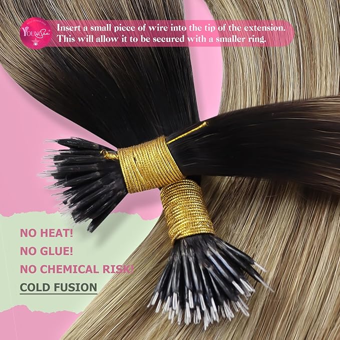 YoungSee Nano Beads Hair Extensions Real Human Hair Brown to Blonde Nano Link Hair Extensions Balayage Dark Brown with Blonde Nano Extension Human Hair Straight for Women Add Length 18inch 1g/s 50g