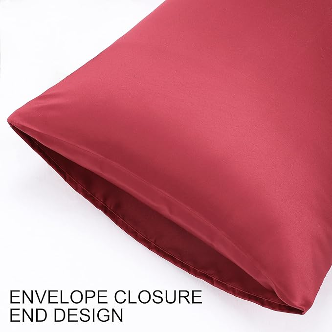 uxcell 2 Pack Silk Satin Pillowcase for Hair and Skin, Cool, Silky, Soft Breathable Pillow Cases King Size 20x36 Inch Sateen Pillowcase Burgundy with Envelope Closure