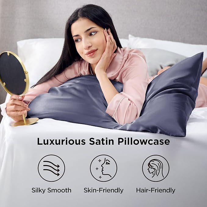 Bedsure Satin Pillowcase 2 Pack Similar to Silk Pillow Cases Standard Size, Pillow Case for Sleeping Women with Envelope Closure, Gifts for Women Men, Blue Granite, 20x26 Inches, 2pcs