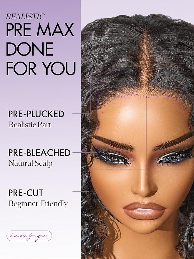 LUVME HAIR 5X5 Deep Curly 10 Inches100% Human Hair Wigs Curly Deep Wave Glueless Lace Front 10 Inches, Pre Cut Plucked Hd Lace Short Wig Ready To Go Natural Color Straight Bleached Knots Black Wigs