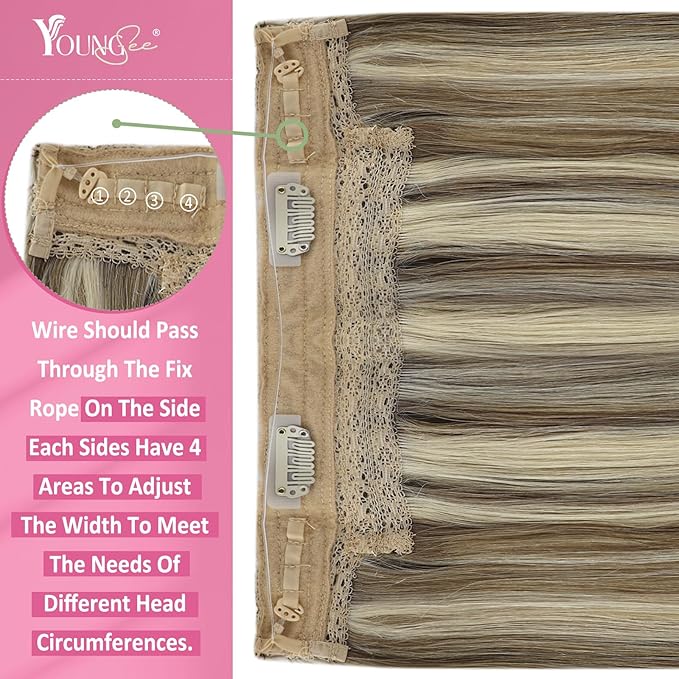 YoungSee Wire Hair Extensions Human Hair Light Brown Hair Extensions Wire Highlights Light Brown with Blonde One Piece Hair Extension Real Human Hair Dyable Remy Hair 18Inch 80G