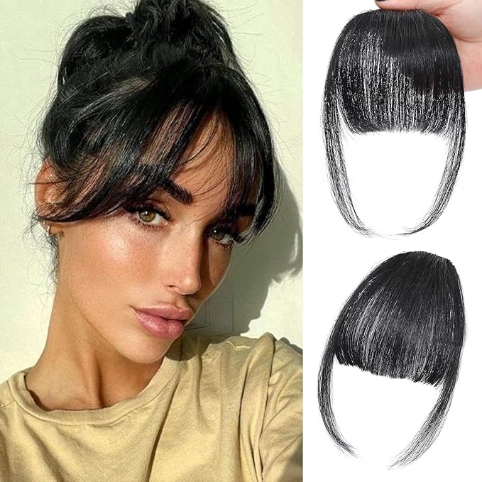 NAYOO Bangs Hair Clip in Bangs 100% Real Human Hair Extensions Natural Black Wispy Bangs Clip on Air Bangs for Women Fringe with Temples Hairpieces Curved Bangs for Daily Wear