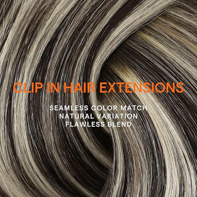 Full Shine Clip in Human Hair Extensions 16 Inch Clip in Extensions Brown Ombre Dark Brown Mix Platinum Blonde Straight Double Weft Brazilian Hair for Women 7 Pcs 120 G