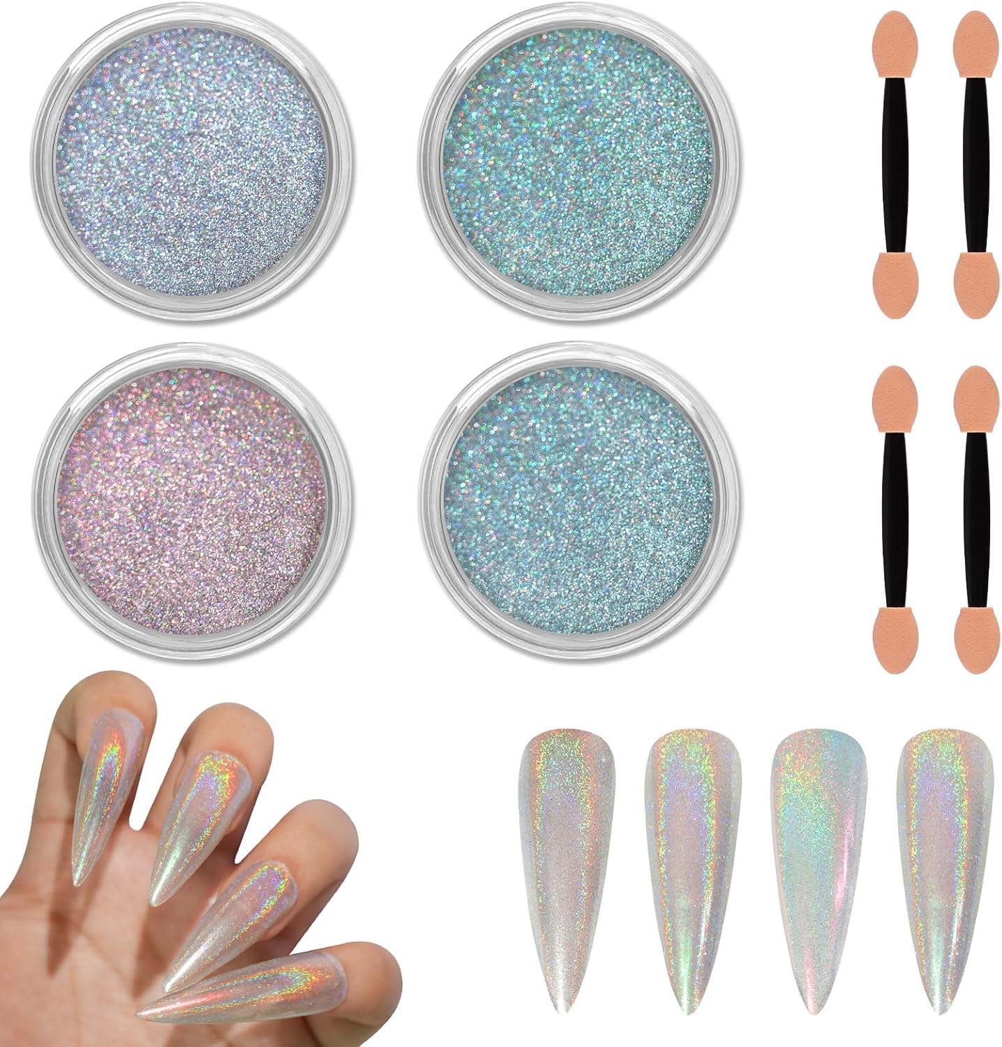 Allstarry Chrome Nail Powder Holographic Aurora Metallic Mirror Laser Effect Pigment, Iridescent ICY Aurora Glitter Dust Kit for Gel Polish Nail Art Decoration, Resin Craft - Emerald Rainbow
