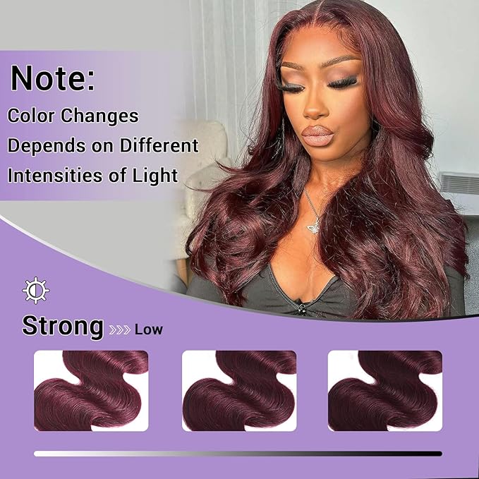 2x6 HD Lace Closure Human Hair Body Wave 99J Burgundy Dark Red Wine Color Transparent Lace Closure 2x6 Long Deep Middle Part 100% Raw Virgin Human Hair 20 Inch 150% Density
