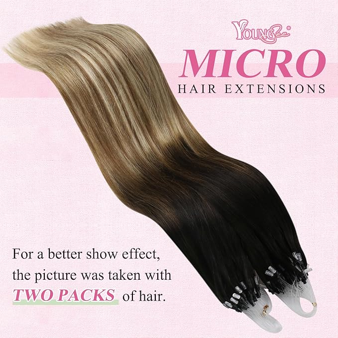 YoungSee Micro Bead Hair Extensions Real Human Hair Balayage Microbead Hair Extensions Dark Brown Ombre Medium Browns with Blonde Beaded Hair Extension 22In Pre Bonded Hair Extension 50g 50s