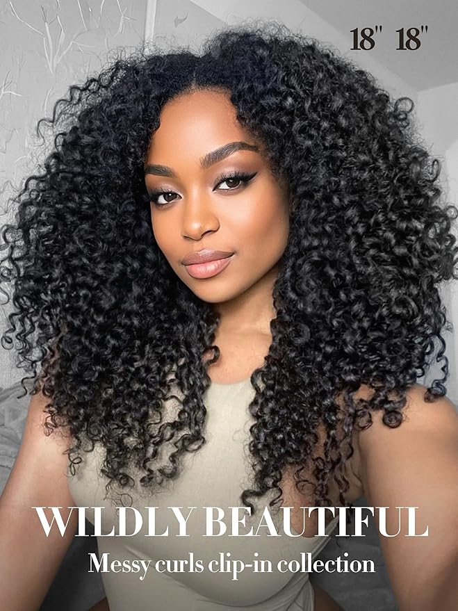 LUVME Burmese Curly Clip in Hair Extensions Real Human Hair Messy Curly Clip Ins Fullness with 2 Pack for Women Brazilian Remy Human Hair Natural Black 135g 22Inch