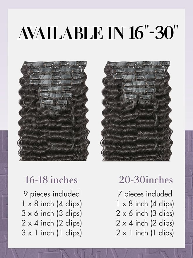 LUVME Hair Extensions Natural Black 26 Inch 135g 7pcs Real Human Hair Loose Deep Wavy Remy Clip in Human Hair Extensions Thick Hair