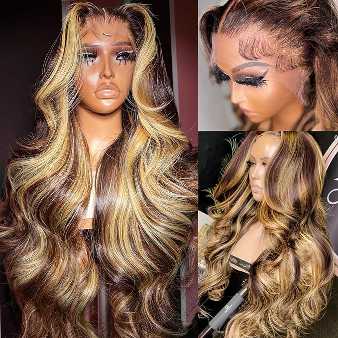 AMIRTY 250% Density 360 Lace Front Wigs Human Hair Pre Plucked Honey Blonde Body Wave Lace Front Wigs with Baby Hair Full 360 Glueless HD Transparent Lace Front Wigs for women 4/27