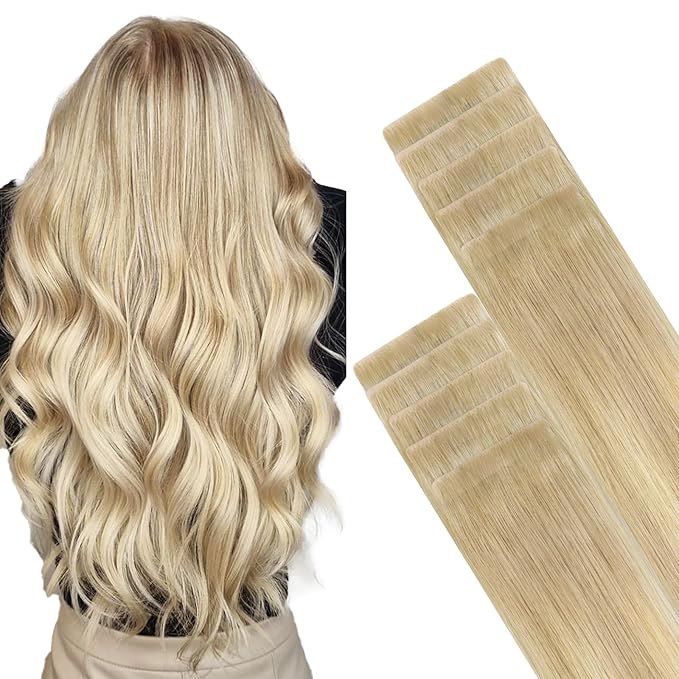 GOO GOO Invisi Edge Tape in Hair Extensions Human Hair, 18ET90A Natural Blonde Balayage, 10pcs 14inch 25g, Virgin Remy Hair, Seamless Injected Tape, Natural Look