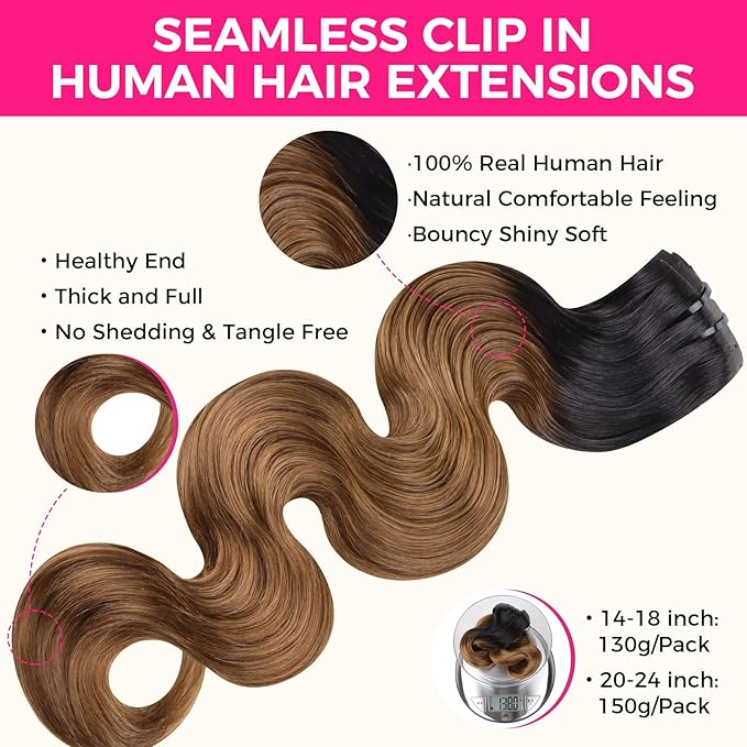 Lashey Seamless Clip in Hair Extensions Human Hair 150g 9pcs 20 Inch Body Wave Ombre Natural Black to Medium Auburn Clip in Hair Extensions for Women