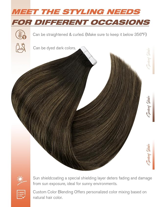 Sunny Hair Tape in Hair Extensions Human Hair 20 Inch Hair Extensions Real Human Hair Tape in Extensions for Women Darkest Brown Ombre Medium Brown Balayage Remy Hair Straight Skin Weft 40pcs 100g