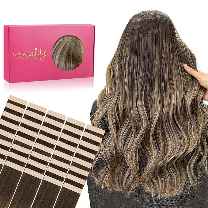 WENNALIFE Tape-in Hair Extensions, 40pcs 100g 14 inch Balayage Chocolate Brown to Honey Blonde, Reusable Real Human Hair Straight Tape-in Extensions
