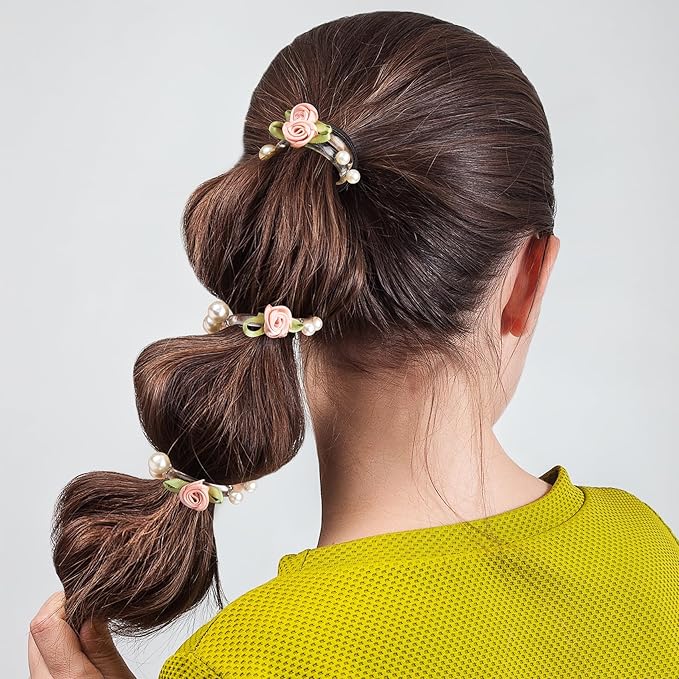 4PCS Rose Bead Spiral Hair Ties, 2 Colors Floral Phone Cord Ponytail Holders for Women, Elegant Rubber Hair Coils, Stylish Hair Accessories for Party, Daily Use - White, Pink Flower