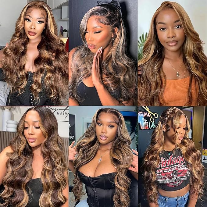 34 Inch Highlight Ombre Lace Front Wig 13x4 Full Frontal Lace Wig Skinlike HD Lace Wig Body Wave lace front Wigs for Women 15A Pre Plucked with Baby Hair 4/27 honey blonde 200% Density