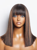 LUVME HAIR 14 Inch Yaki Straight Bob Wig with Bangs Human Hair Glueless HD Lace Bob Wig with Brown Highlights, Ready to Go Short Wigs For Women 180 Density Breathable Cap