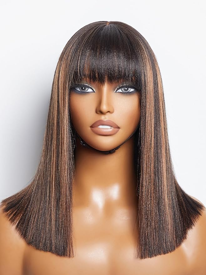 LUVME HAIR 14 Inch Yaki Straight Bob Wig with Bangs Human Hair Glueless HD Lace Bob Wig with Brown Highlights, Ready to Go Short Wigs For Women 180 Density Breathable Cap