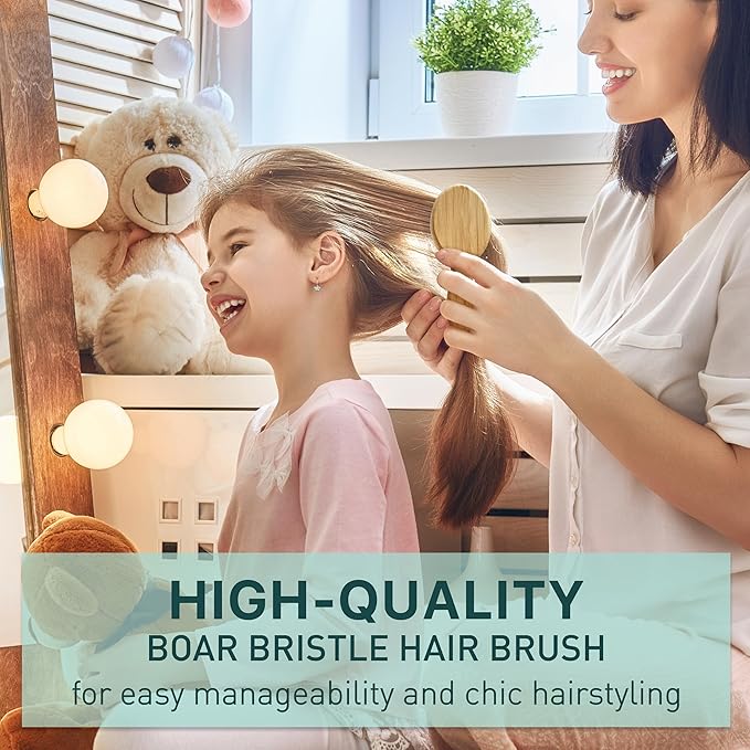 Natural Boar Bristle Hair Brush & Mini Hair Brush Set for Women, Men, Kids; Dry and Wet Detangling Hair Brush Gently Enhances Shine, Great for travel or to keep in your bag
