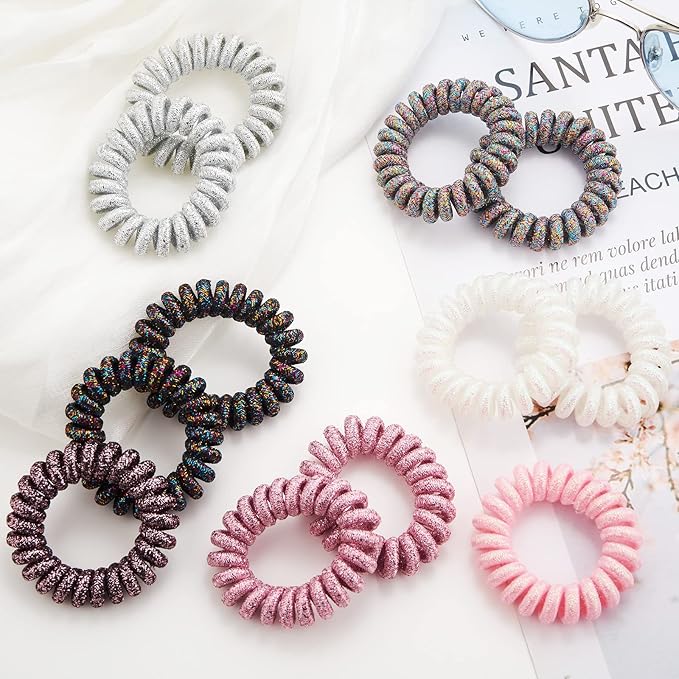Spiral Glitter Pink Hair Ties for Women (12 Pcs) - Plastic Coil Ponytail Holders, No Crease Phone Cord Hair Ties for All Types