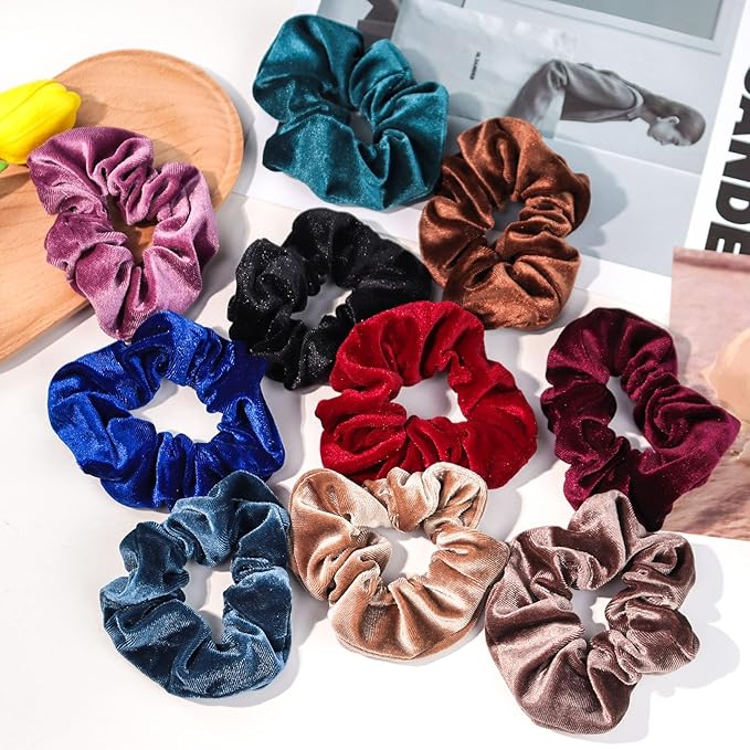 Scrunchies for Women & Girls, 12 Pcs Black Velvet Scrunchies - Soft Classic Elastic Hair Bands for a Secure Ponytail