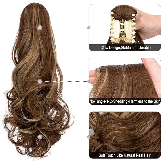 Claw Clip Ponytail Extension 18" Clip in Wavy Ponytail Hair Extensions Long Pony Tails for Women Extensions Ash Blonde Mix Light Brown Wave Hairpiece