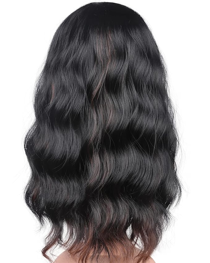 Black Wavy Wig With Brown Highlights For Women - Medium Long Synthetic Wig With Bangs For Daily Use (Black With Brown Highlights)