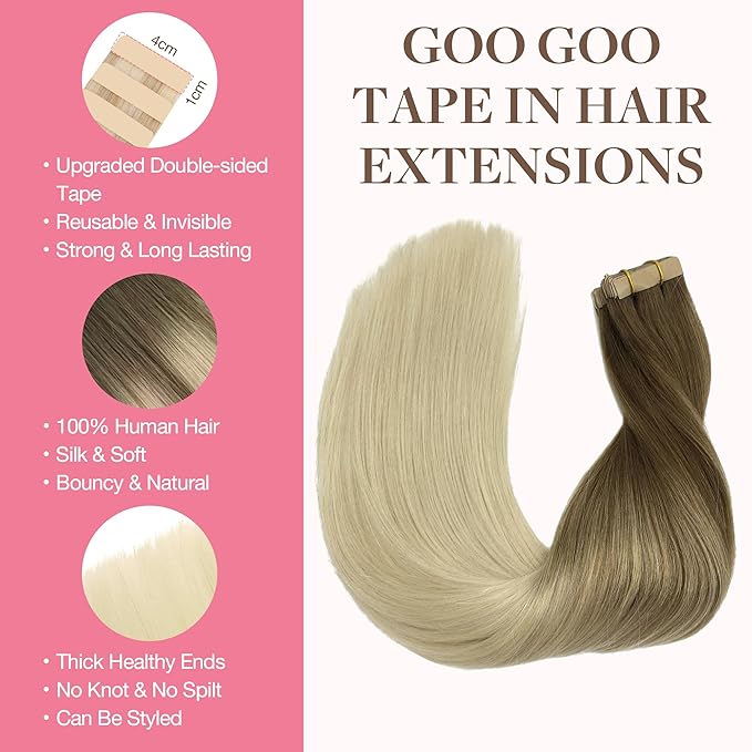 GOO GOO Tape in Hair Extensions Human Hair, 9/60 Balayage Ash Brown to Platinum Blonde, 20inch 50g 20pcs, Skin Weft Seamless Invisible, Silky Straight with Thick Ends, Remy Human Hair