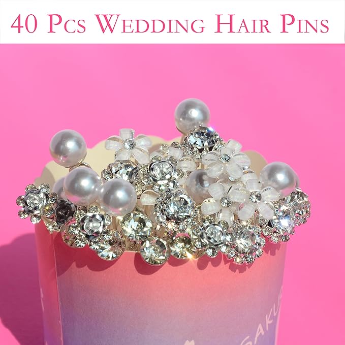 40 PCS Wedding Hair Pins for Brides, Pearl Hair Pins for Wedding, Silver Crystal Rhinestone Hair Pin Decorative Hair Accessories for Bridal Bridesmaid Women Prom Party