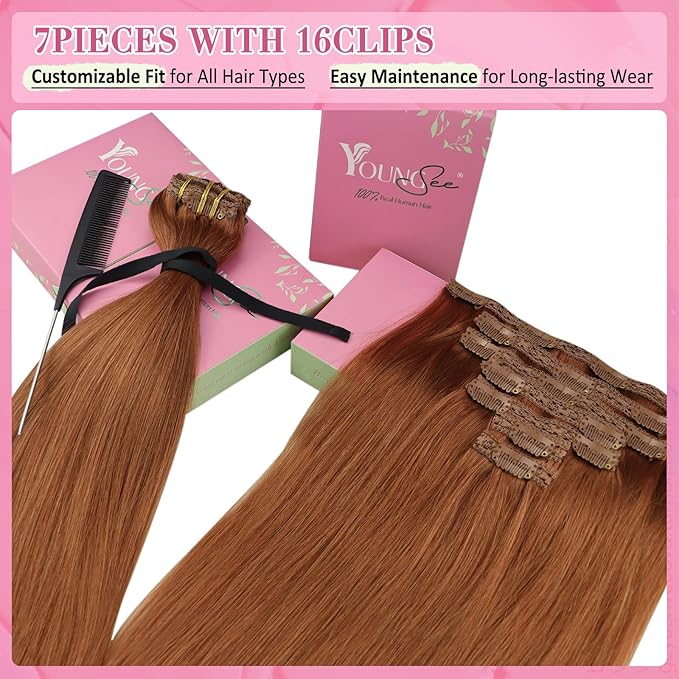 YoungSee Hair Extensions Clip ins Copper Clip in Human Hair Extensions Copper Straight Clip in Extensions Dyable Remy Hair for Women 20inch 120g 7pcs