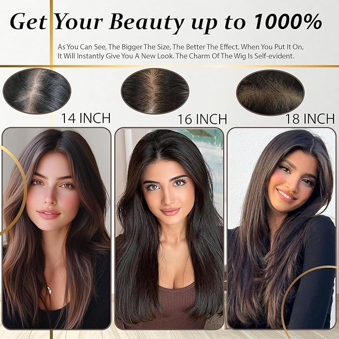 Hair Toppers for Women Real Human Hair, 360° 3D Human with Thinning Upgrade Middle Part Clip in Bangs Topper Hair Pieces for Women Daily(Medium Dark Brown, 18 Inch-3D-Side)