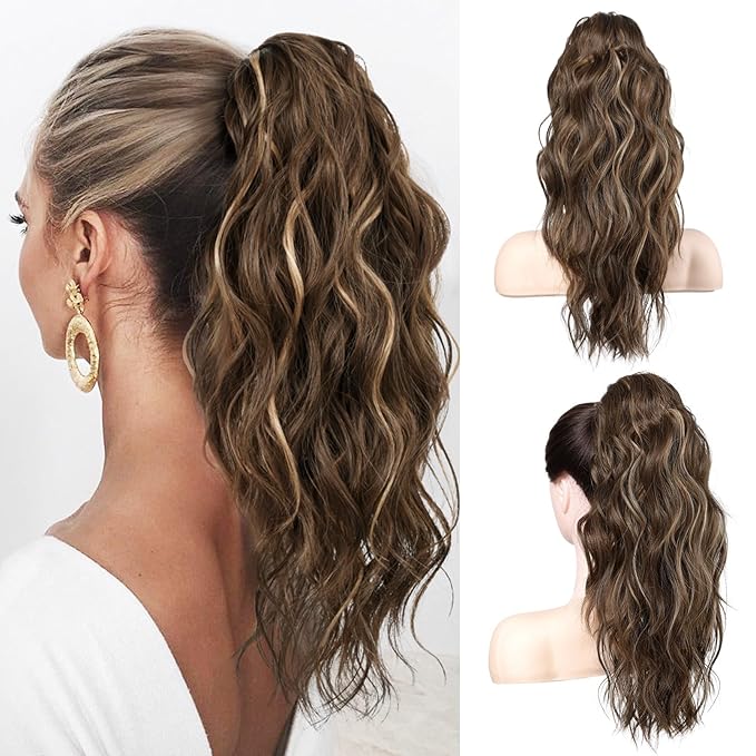 FLUFYMOOZ Ponytail Extension, 18 Inch Claw Clip Ponytail Extension, Wavy Curly Claw Clip in Ponytail Hair Extensions, Natural Fake Ponytail Synthetic Hairpiece for Women (Deep Brown with Dirty Blonde)