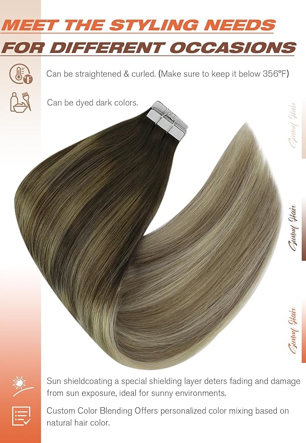 Sunny Hair Tape in Hair Extensions Human Hair Brown Balayage Blonde Tape in Extensions 20 Inch Real Hair Extensions Tape in 20Pcs 50g