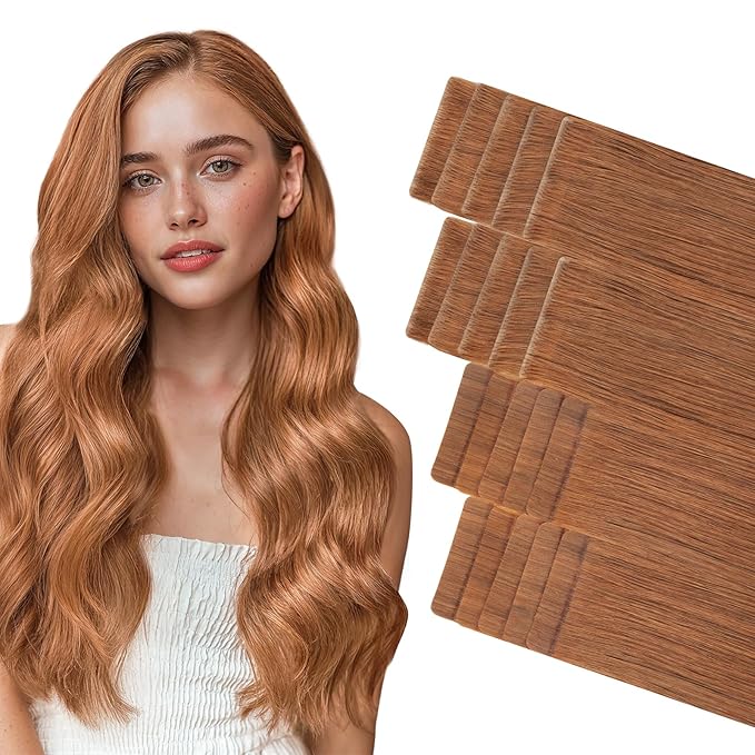 GOO GOO Invisi Edge Tape in Hair Extensions Human Hair, 330 Cinnamon Terra Copper 10pcs injected with 10pcs classical tape ins, 20inch 50g, Virgin Remy Hair, Natural Look