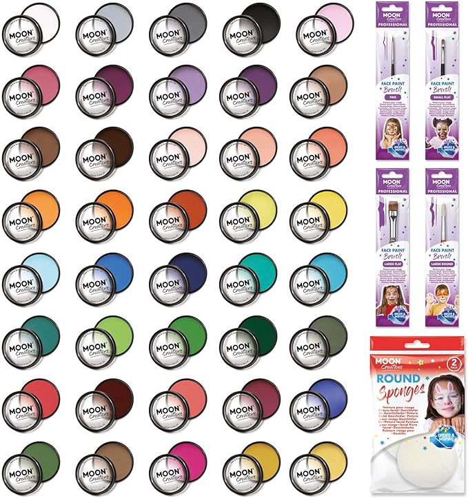 Pro Face & Body Paint Cake Pots by Moon Creations - 40 Colour Professional Kit - Professional Water Based Face Paint Makeup for Adults, Kids - 1.26oz