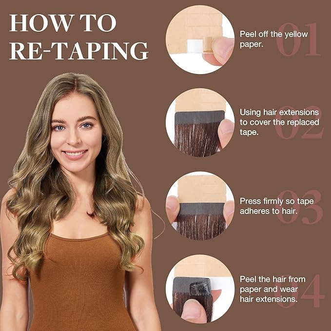 GOO GOO Tape in Hair Extensions Human Hair, 7 Bronde, 20inch 50g 20pcs, Skin Weft Seamless Invisible, Silky Straight with Thick Ends, Remy Human Hair