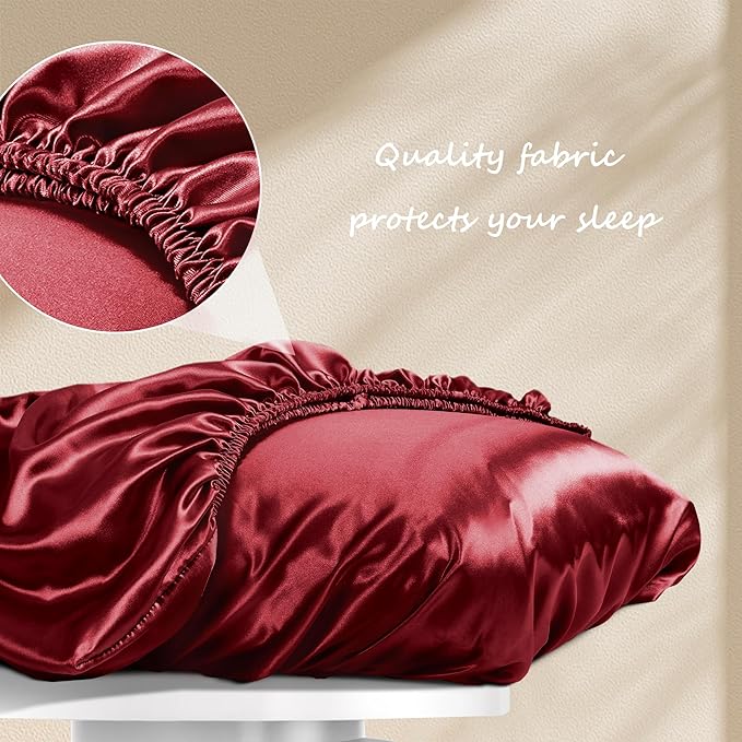 Manyshofu Satin Pillowcases for Hair Protection - 1Pcs Maroon Pillow Cases, Elastic Band Standard & Queen Satin Pillowcases Luxury Silky Pillow Cases Travel Pillow Covers